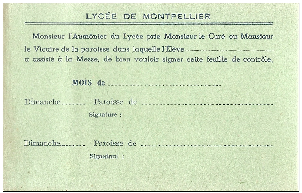 Lycée De Montpellier-carte De Presence à La Messe - Non Classés