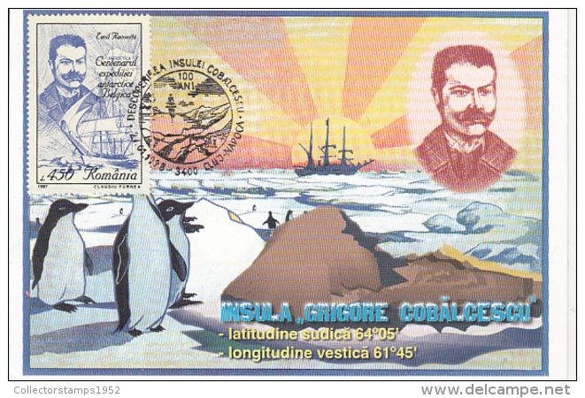 45768- BELGICA ANTARCTIC EXPEDITION, SHIP, E. RACOVITA, PENGUIN, COBALCESCU ISLAND, MAXIMUM CARD, 1998, ROMANIA - Antarctische Expedities