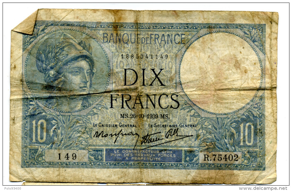 10 FRANCS 1939 - 10 F 1916-1942 ''Minerve''