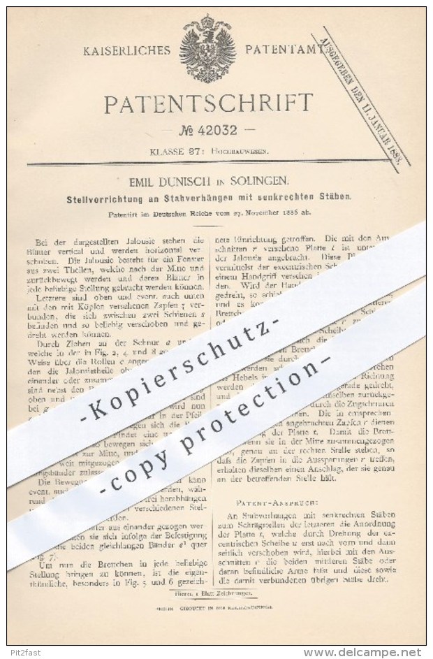 Original Patent - E. Dunisch , Solingen , 1886 , Vorhänge Mit Senkrechten Stäben , Jalousie , Fenster , Hochbau !!! - Historical Documents