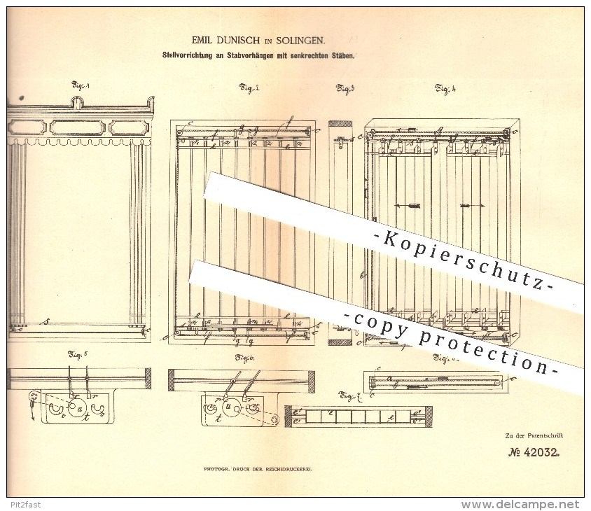 Original Patent - E. Dunisch , Solingen , 1886 , Vorhänge Mit Senkrechten Stäben , Jalousie , Fenster , Hochbau !!! - Historical Documents