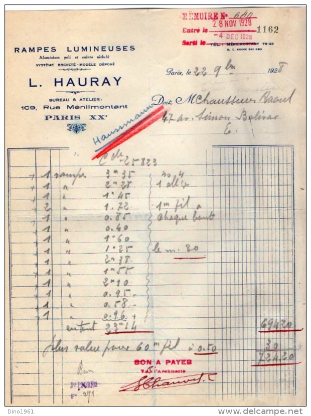 VP5205 - Facture - Rampes Lumineuses A.HAURAY à PARIS Rue De Ménilemontant - Elektriciteit En Gas