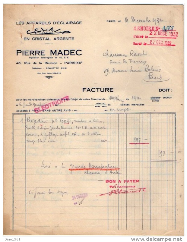 VP5207 - Facture - Les Appareils D'éclairages ¨SCLAIR¨Pierre MADEC à PARIS Rue De La Réunion - Elektriciteit En Gas