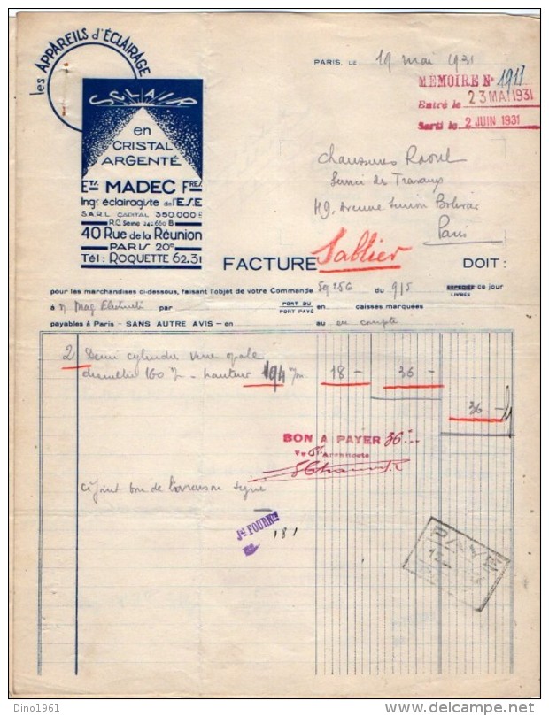 VP5208 - Facture - Les Appareils D´éclairages ¨SCLAIR¨Pierre MADEC à PARIS Rue De La Réunion - Elektriciteit En Gas