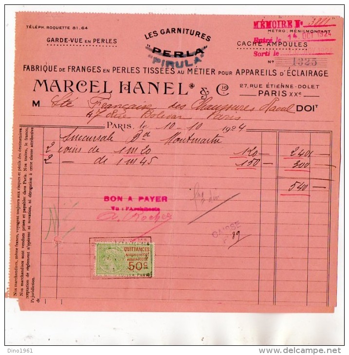 VP52010 - Facture - Les Garniture ¨PIRULA¨ Marcel HANEL  à PARIS Rue Etienne Dolet - Elettricità & Gas