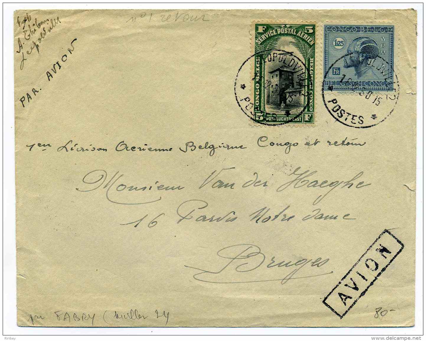 1ere Liaison Aérienne Belgique - Congo Belge / Lettre De LEOPOLDVILLE / 1930 /  TP YT N° 129 + PA 4 - Covers & Documents