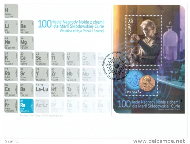 Poland 2011, 100th Anniversary Of The Chemistry Nobel Prize For Marie Curie, Joint With Sweeden, FDC - Berühmte Frauen