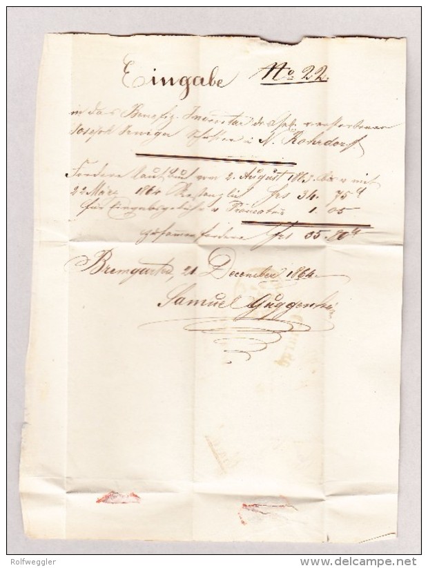 Heimat Schweiz AG BREMGARTEN 21.12.1864 Chargé Brief Nach N'Rohrdorf Mit 10Rp Sitzende - Briefe U. Dokumente