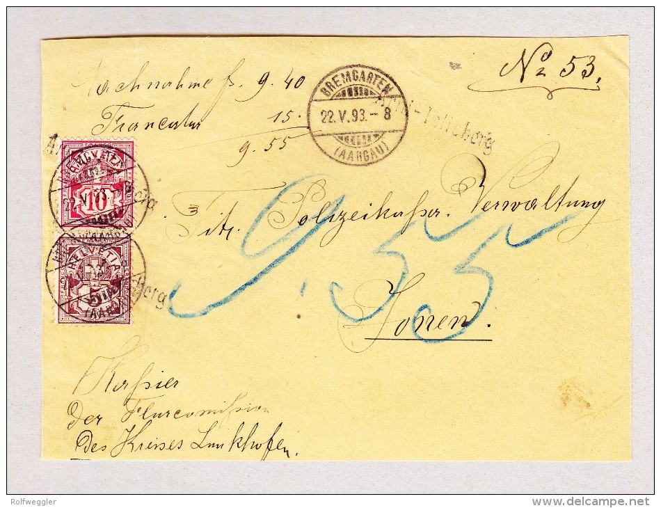 Heimat Schweiz AG ARNI-ISLISBERG Langstempel BREMGARTEN 22.5.1893 Auf Brief Vorderseite Mit 5 Und 10Rp WZ - Briefe U. Dokumente