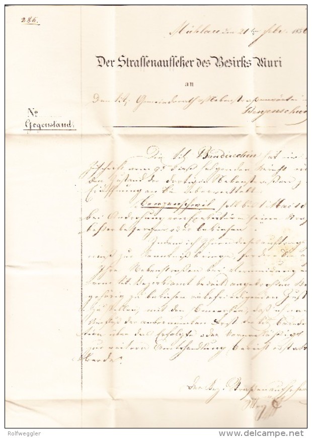 Heimat Schweiz AG MÜHLAU Langstempel Blau Auf Amtsbrief 21.2.1856 "Strassenaussetzer Des Bezirks Muri" - Lettres & Documents