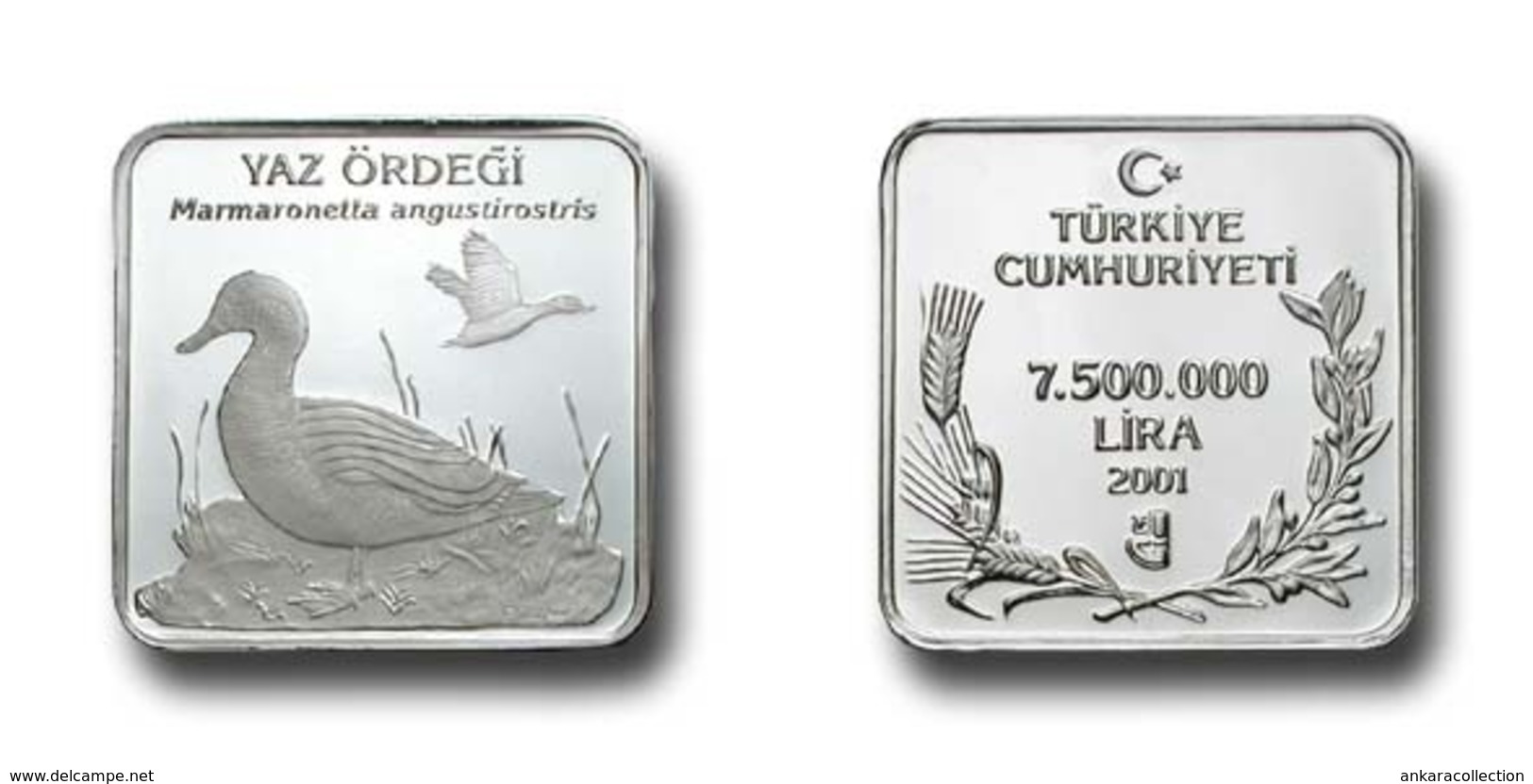 AC - MARBLED DUCK MARBLED TEAL COMMEMORATIVE SILVER COIN BIRDS OF TURKEY SERIES #11 TURKEY 2001 PROOF UNC - Turquie