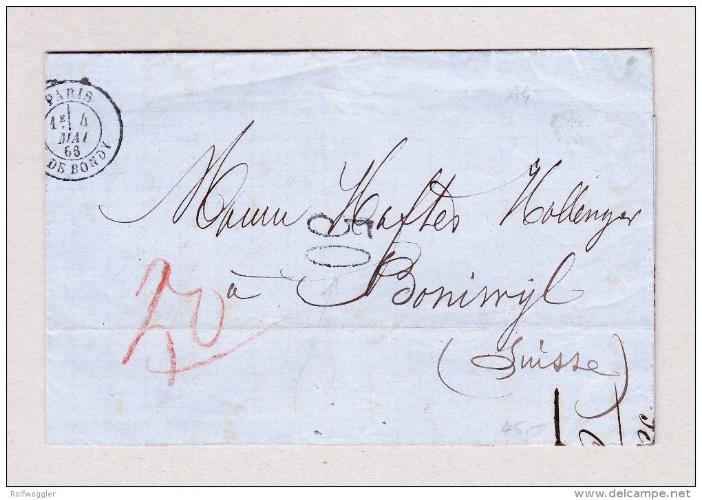Heimat Schweiz AG BONISWYL Ankunft Von Brief 4.5.1866 Aus Paris Rückseite Bahnstempel Basel à Olten - ...-1845 Préphilatélie
