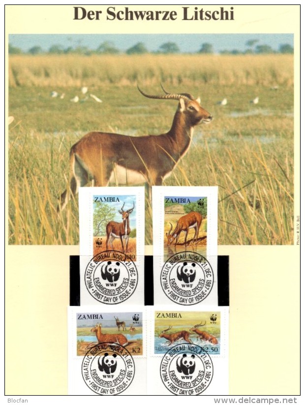 Schwarzer Litschi 1987 Wasser-Bock WWF-Set 57 Sambia 438/1 O 9€ Naturschutz Dokumentation Wild-life Cards Of ZAMBIA - Gebruikt