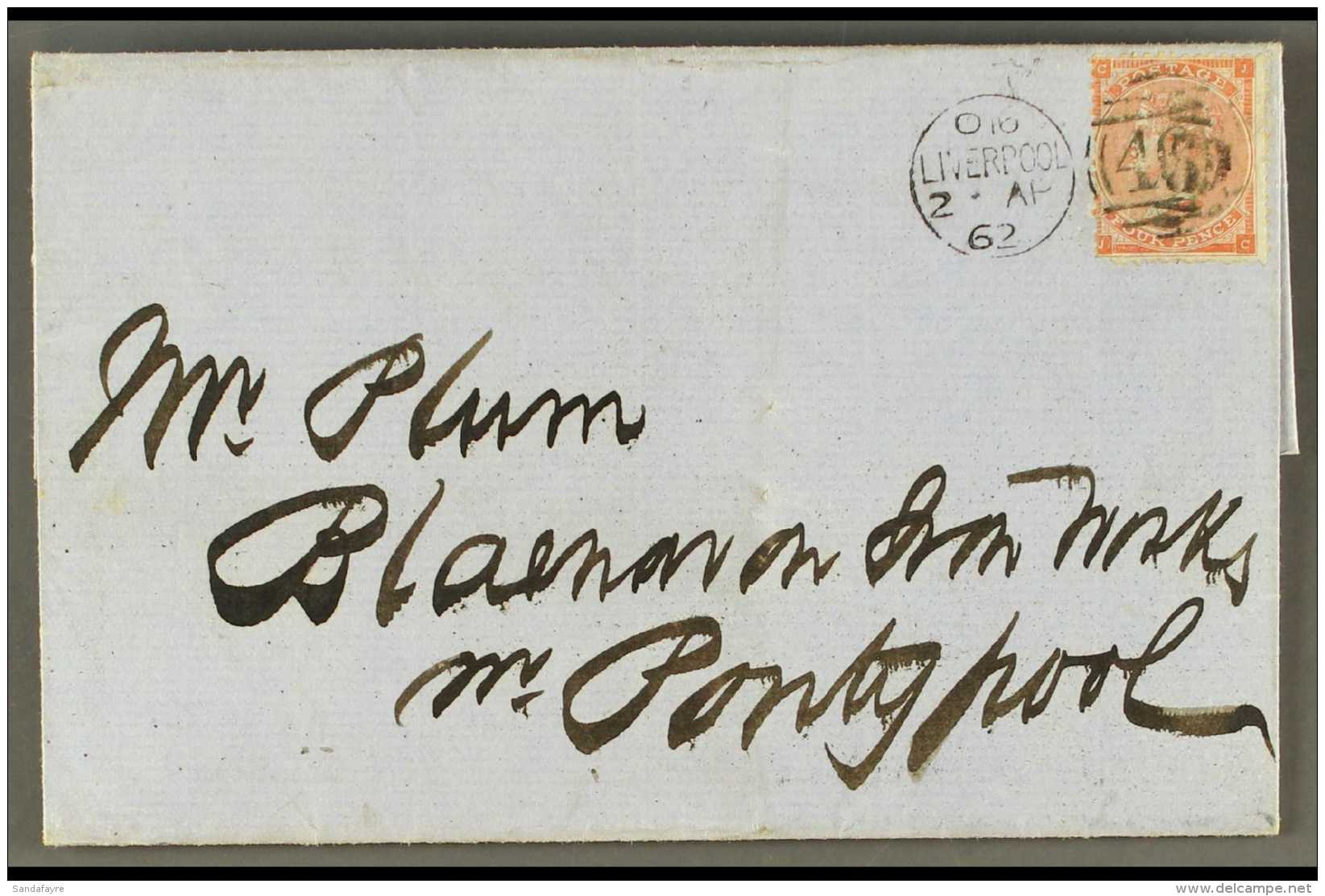 1862 (2nd April) Cover From Liverpool To Pontypool, Bearing 1862-64 4d Pale Red, SG 80, Tied By Duplex Cancel. For... - Altri & Non Classificati