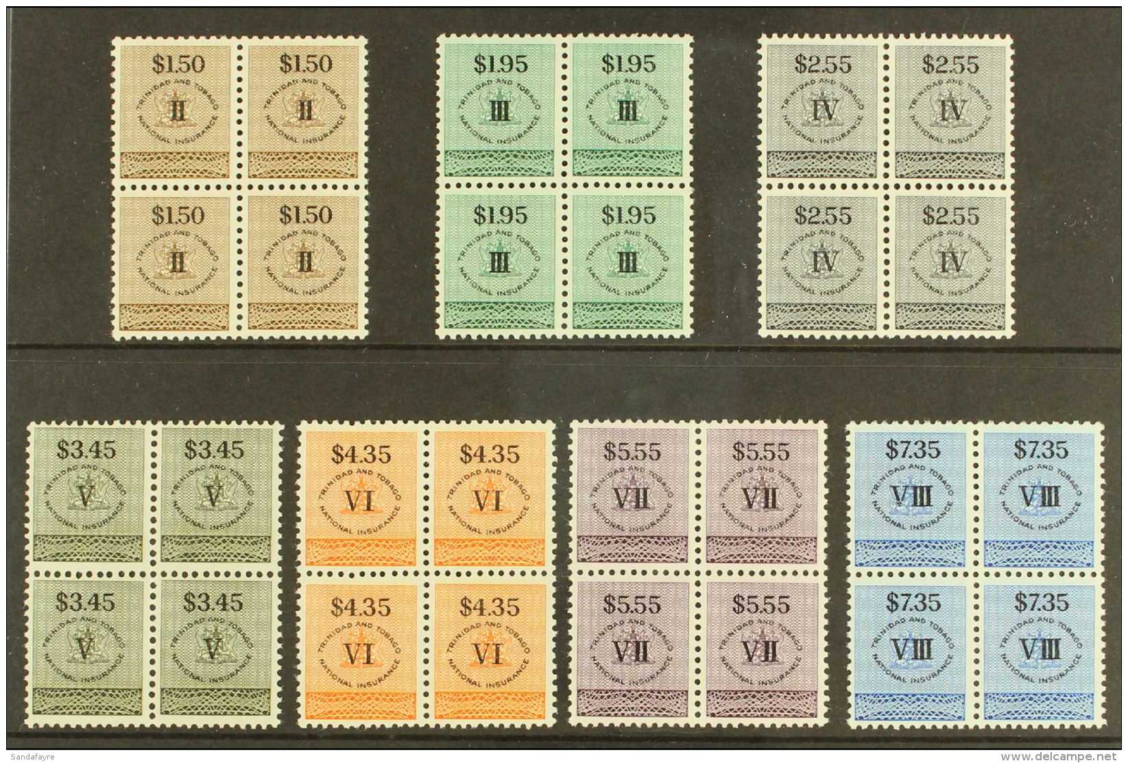 REVENUES 1960 National Insurance Set From $1.50 To $7.35, Barefoot 3/9, Each As Superb Never Hinged Mint Blocks Of... - Trindad & Tobago (...-1961)