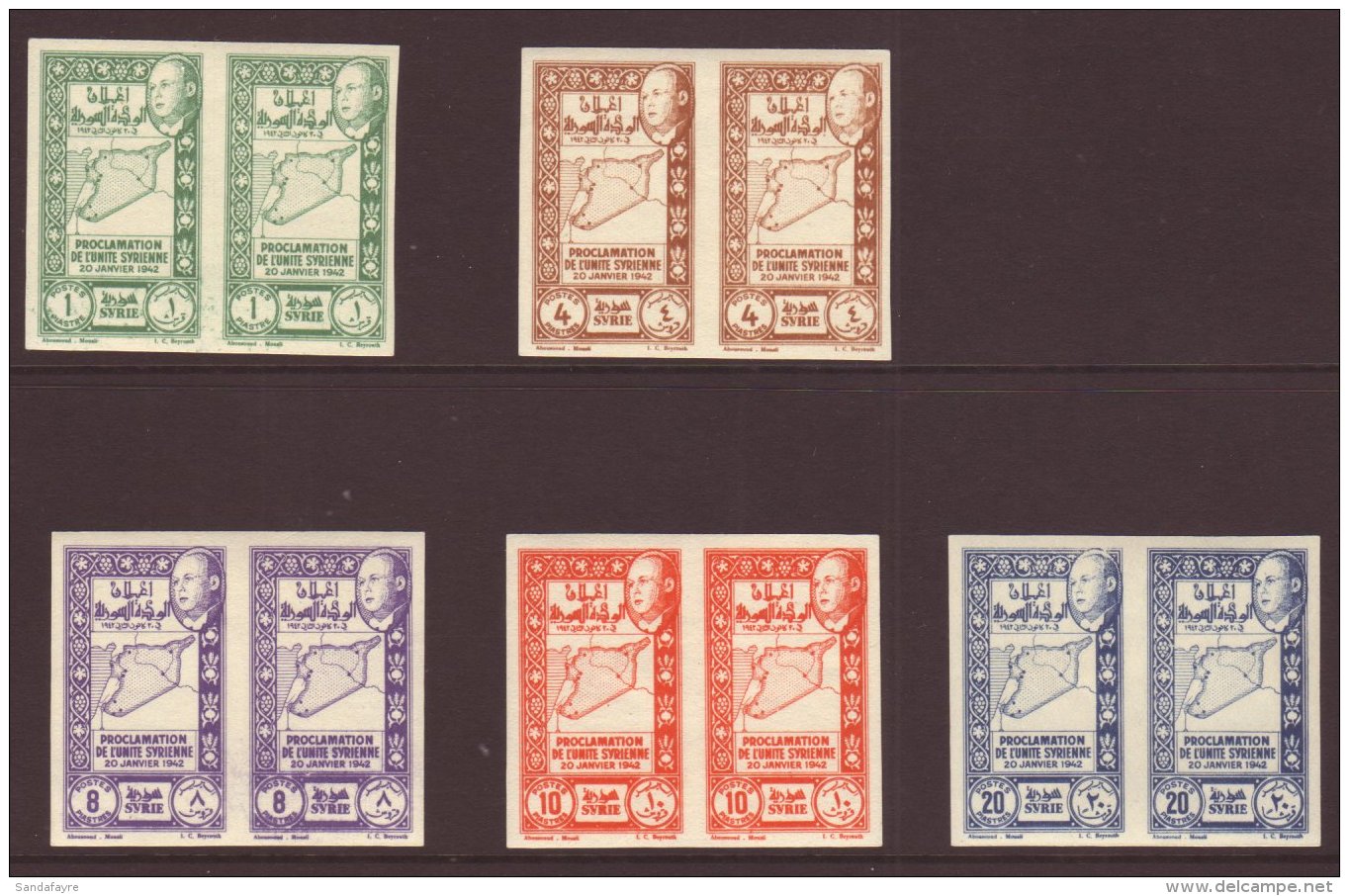 1943 Proclamation Of Unity Set, Variety "imperf", Maury 283/7, In Superb Horizontal Pairs. (10 Stamps) For More... - Siria