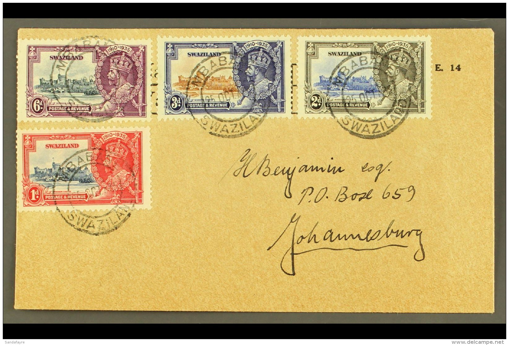 1935 JUBILEE VARIETY ON COVER (25 Oct) Cover To Johannesburg Bearing Complete Jubilee Set (SG 21/24c), Each Stamp... - Swaziland (...-1967)