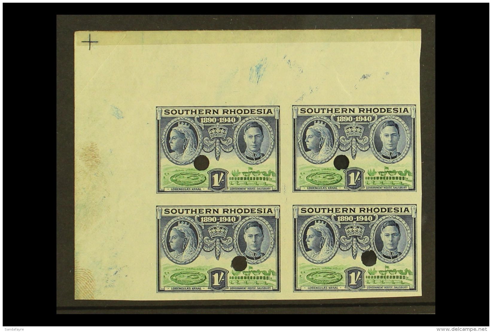 1940 1s Blue And Green BSAC Golden Jubilee (SG 60) IMPERFORATE PROOF CORNER BLOCK OF FOUR Each With Punch Hole On... - Rhodesia Del Sud (...-1964)