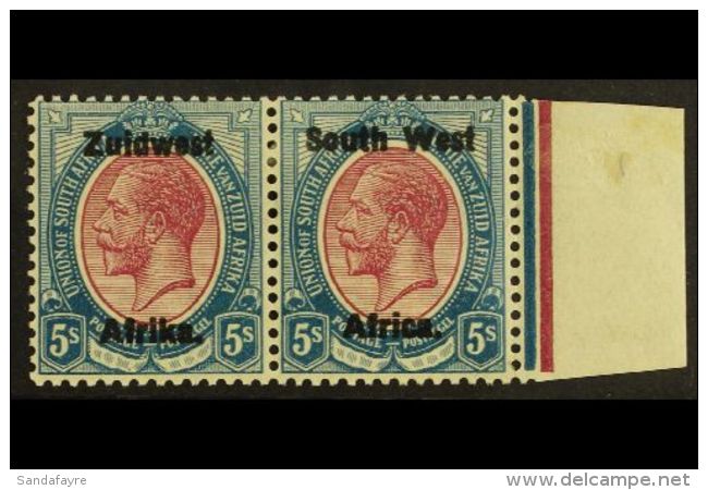 1923-6 Setting III, 5s Purple &amp; Blue, Thick Ovpt, SG 25, Very Fine Mint Horizontal Pair. For More Images,... - Africa Del Sud-Ovest (1923-1990)