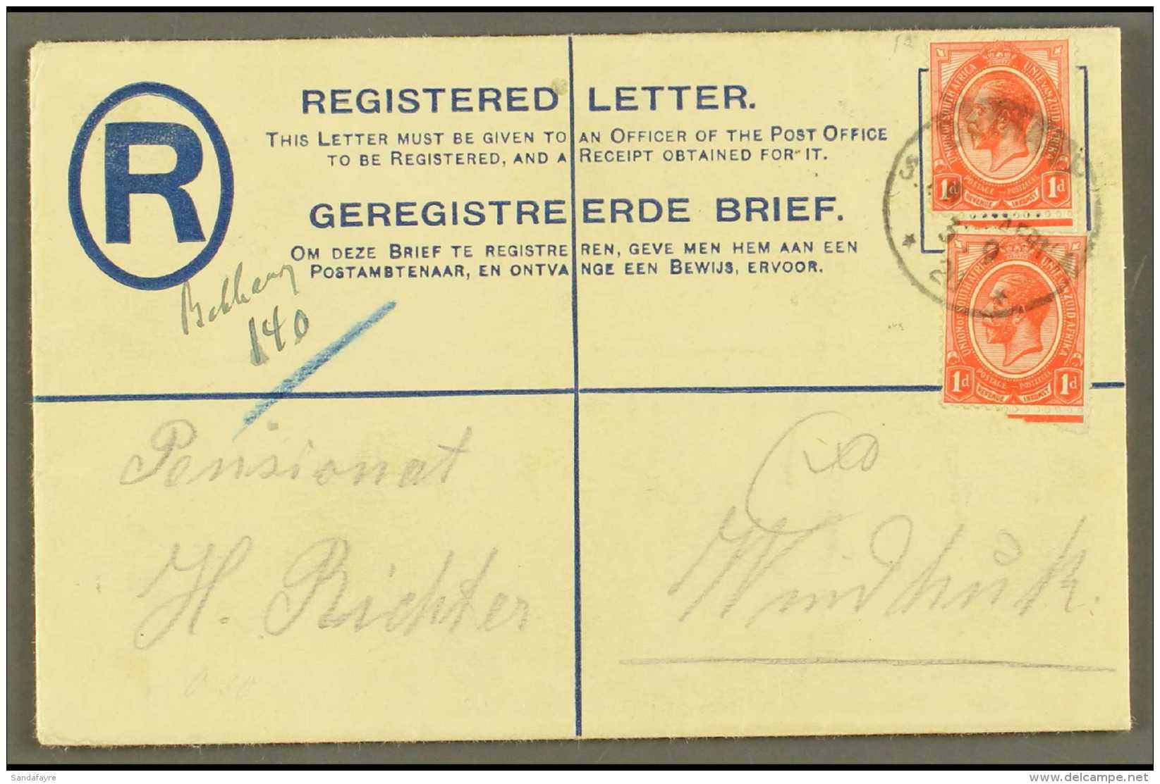 1920 (3 Sep) 4d Registered Envelope To Windhuk Uprated With 1d Union X2 Tied By "BETHANY" Cds Postmark, Putzel... - Africa Del Sud-Ovest (1923-1990)