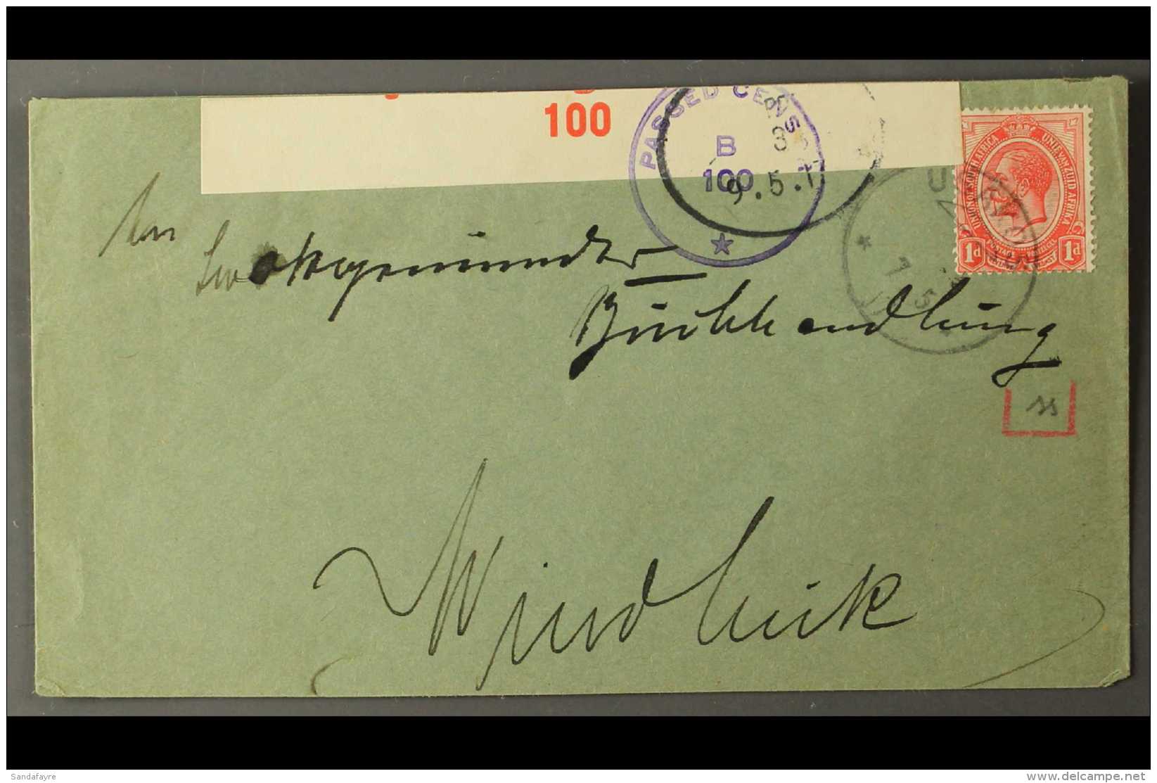 1917 (7 May) Cover To Windhuk Bearing 1d Union Tied By Fine "USAKOS" Converted German Cancelled, Putzel Type B3... - Africa Del Sud-Ovest (1923-1990)