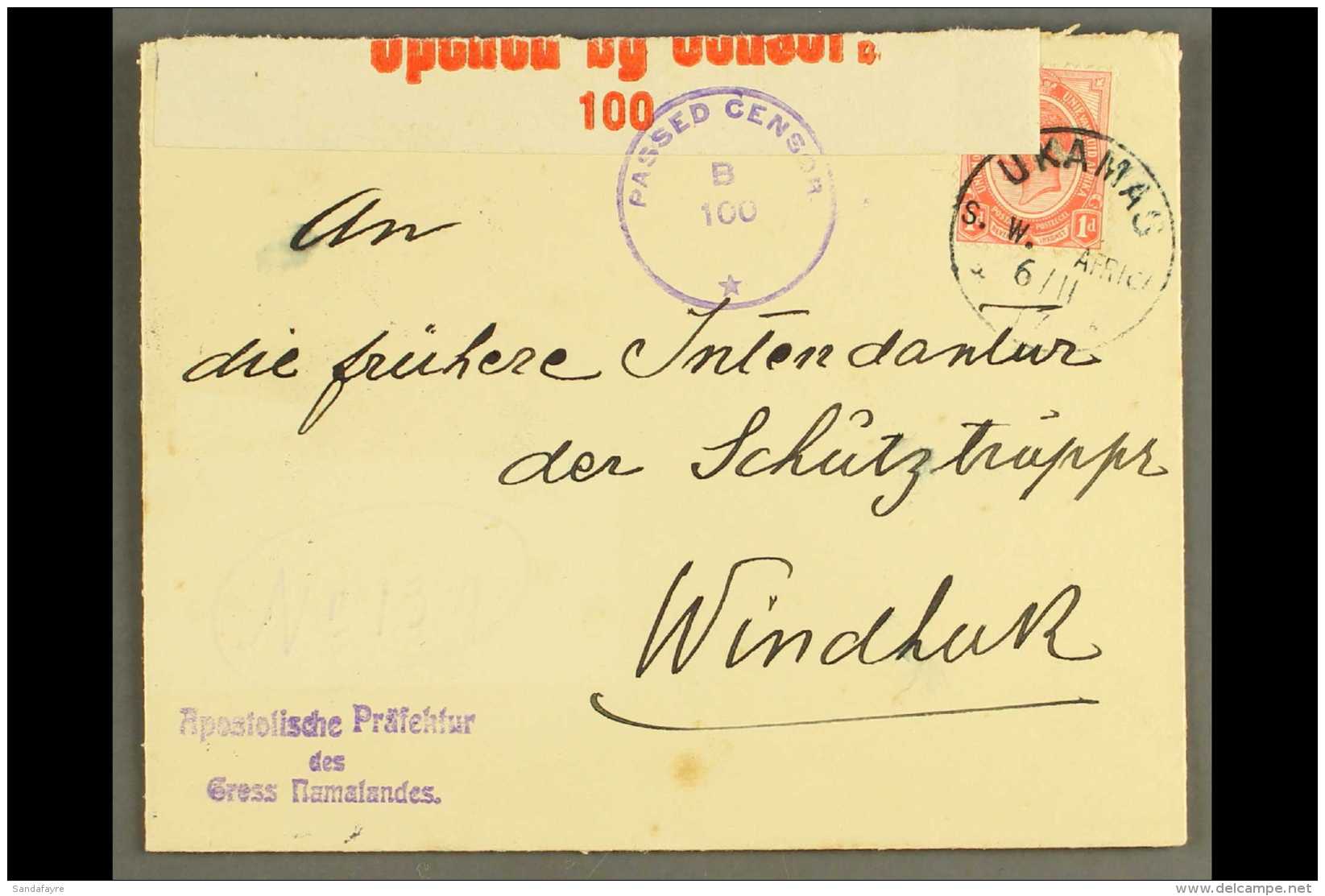 1917 (6 Nov) Cover To The Former Management Of The Defence Troop At Windhuk Bearing 1d Union Tied By Fine "UKAMAS"... - Africa Del Sud-Ovest (1923-1990)