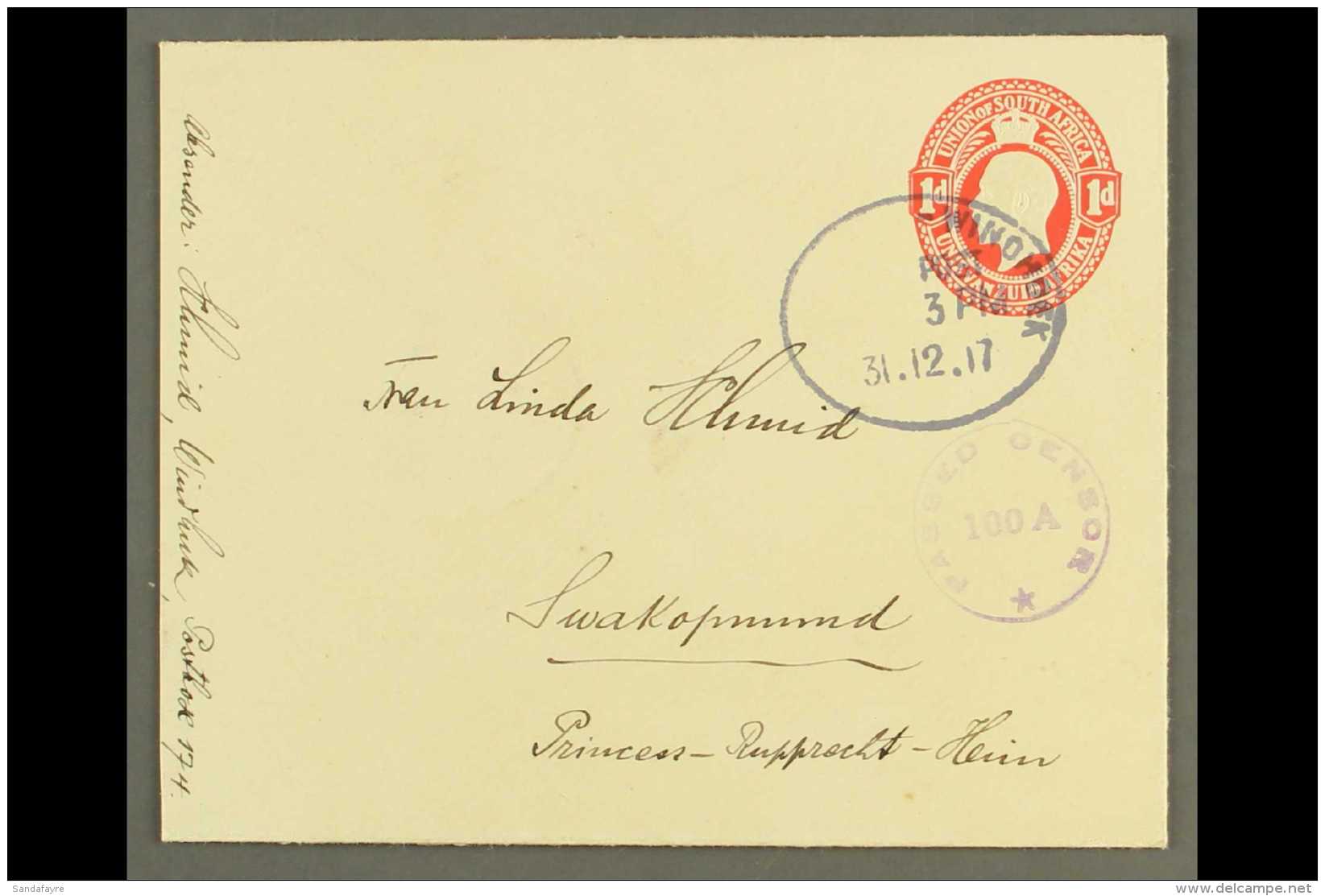 1917 (31 Dec) 1d Embossed Union Postal Envelope To Swakopmund Cancelled By "WINDHOEK" Oval Pmk, Putzel Type 10,... - Africa Del Sud-Ovest (1923-1990)