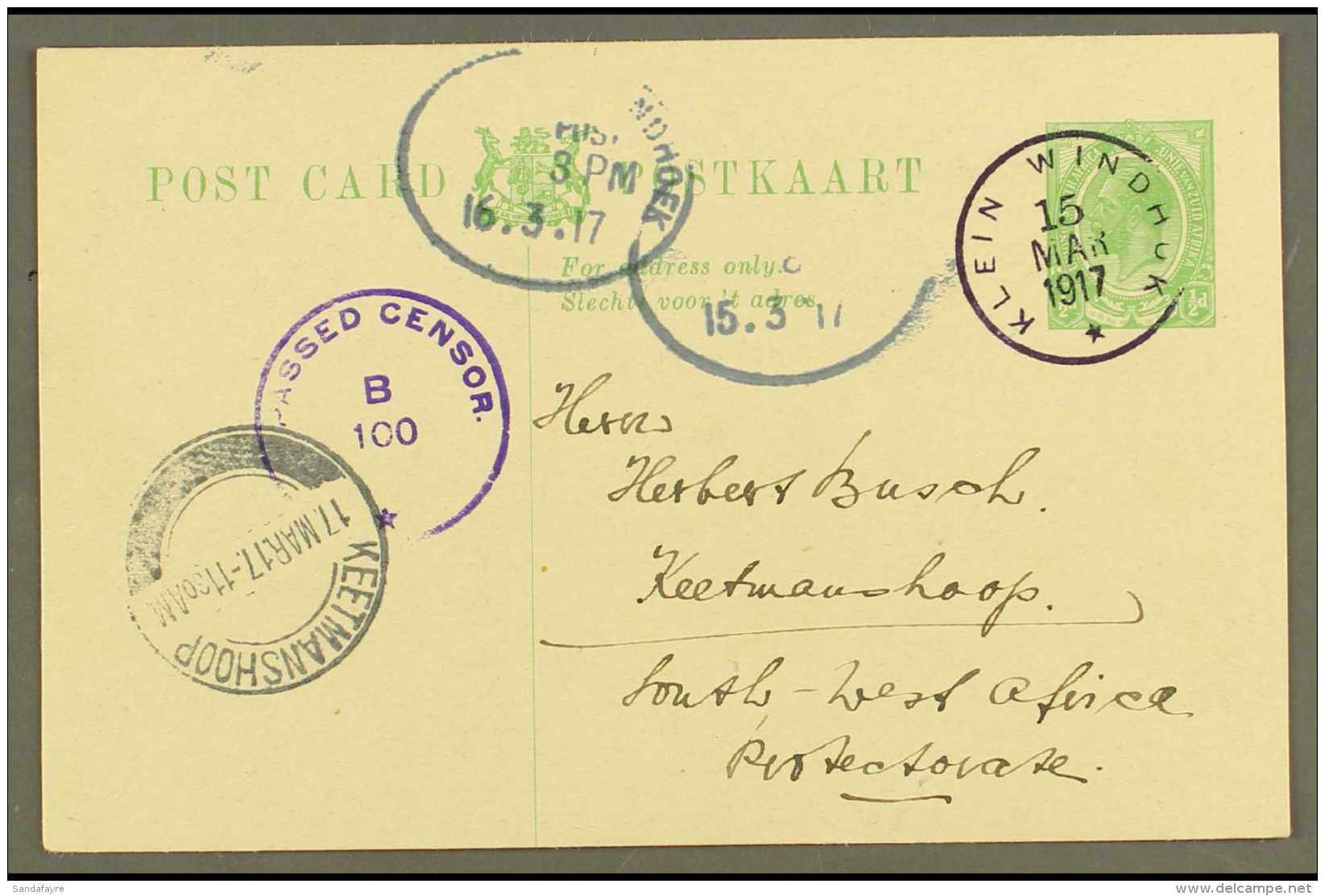 1917 (15 Mar) &frac12;d Union Postal Card To Keetmanshoop Showing Very Fine "KLEIN WINDHUK" Rubber Cds Cancel In... - Africa Del Sud-Ovest (1923-1990)