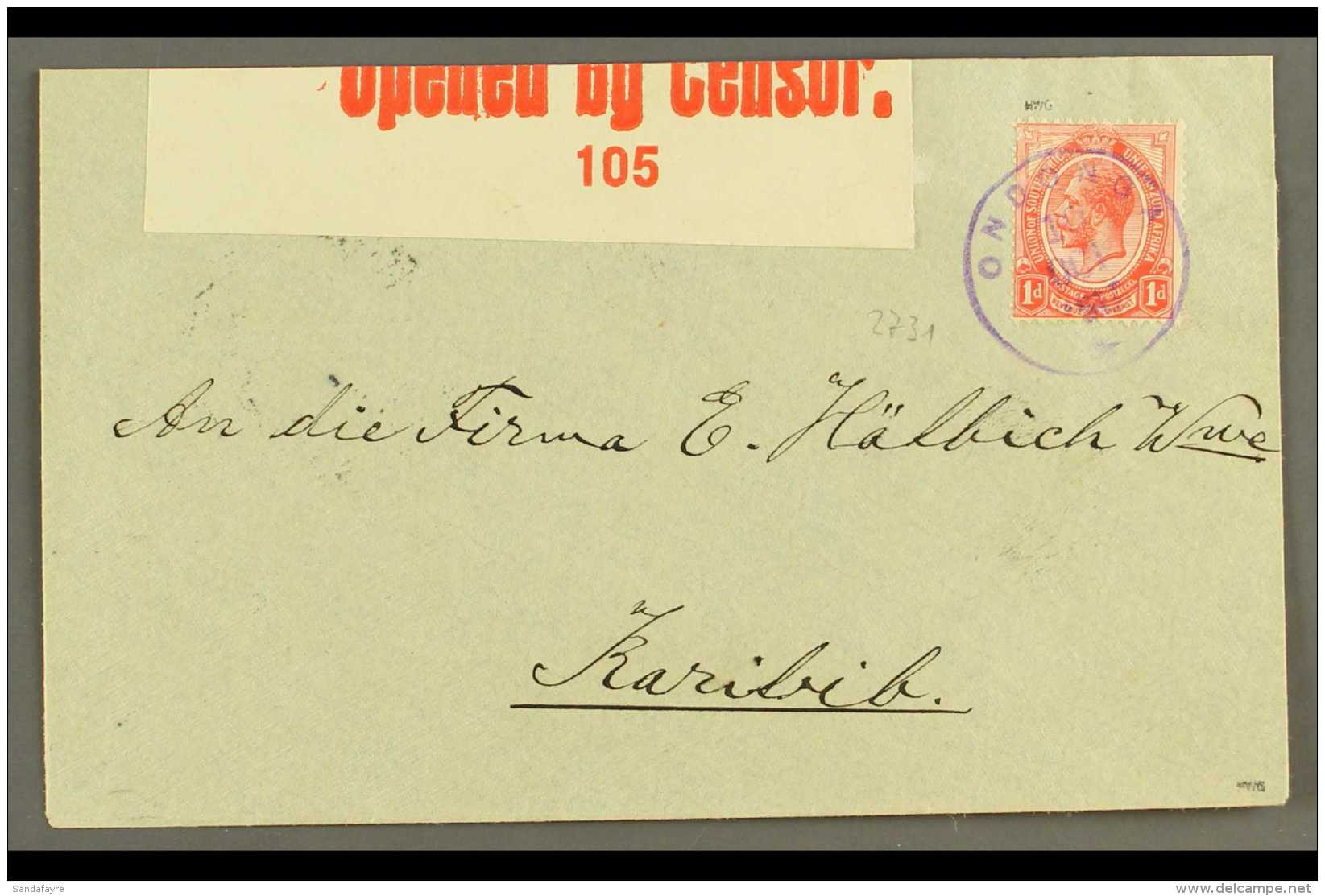 1917 (10 Oct) Cover To Karibib Bearing 1d Union Stamp Tied By A Fine Example Of The Scarce "ONDONGA" Violet Rubber... - Africa Del Sud-Ovest (1923-1990)