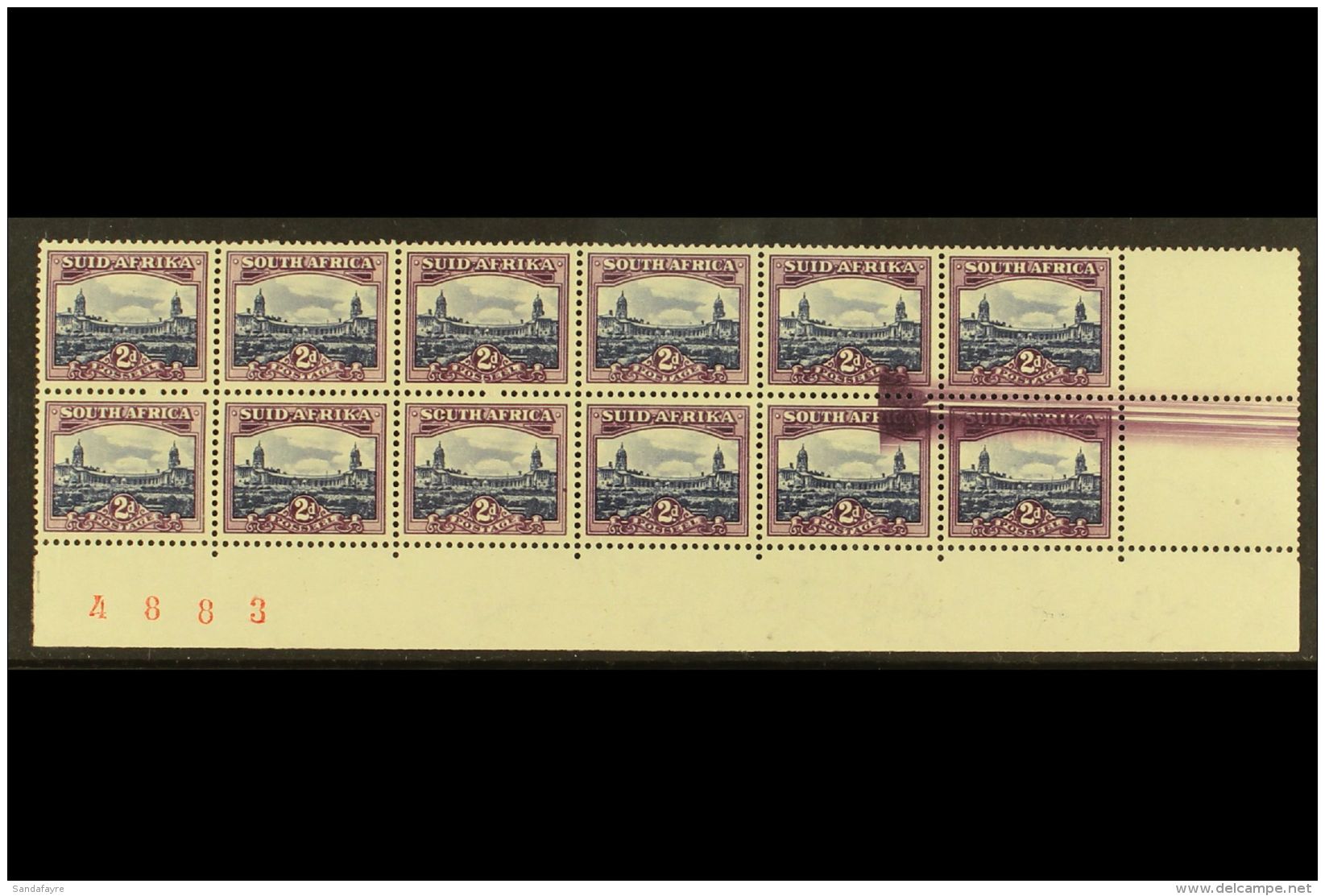 UNION VARIETY 1950-1 2d Blue &amp; Violet, Ex Cylinder 18/30, Issue 15, Corner Marginal Block Of 12 With LARGE... - Non Classificati