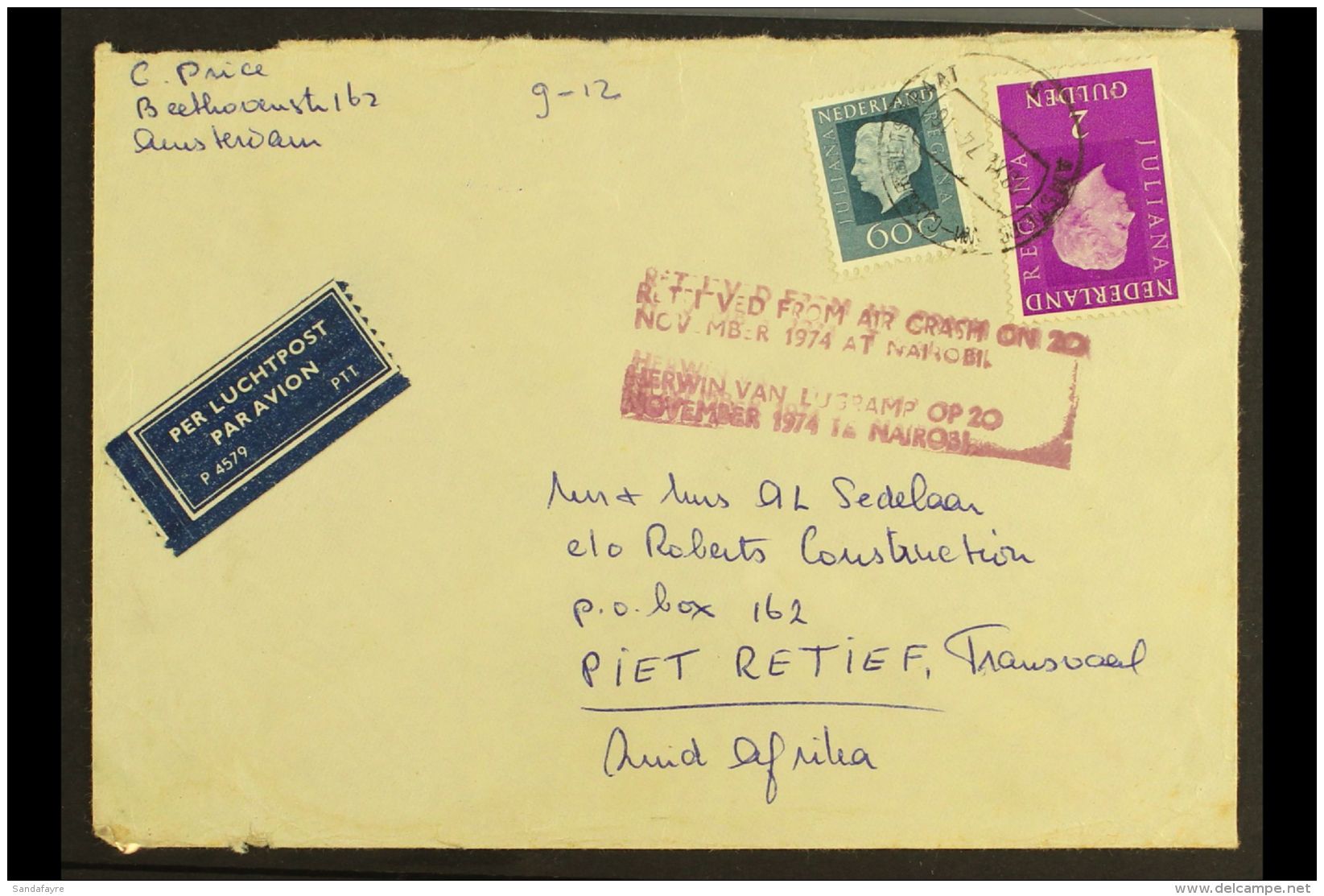 1974 NAIROBI LUFTHANSA CRASH COVER Netherlands To South Africa Cover With "RETRIEVED FROM AIR CRASH ON 20 NOVEMBER... - Non Classificati