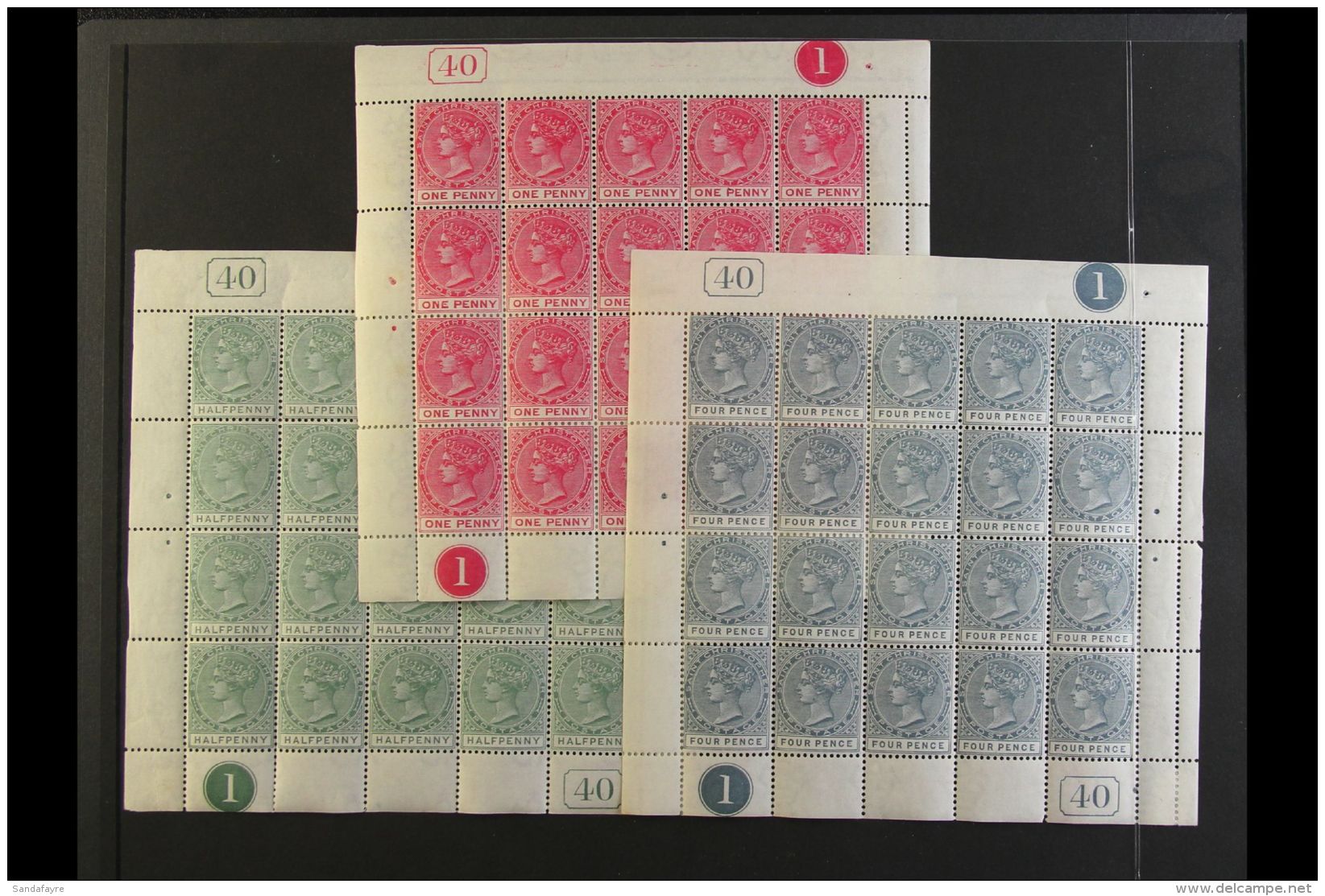 1882-90 COMPLETE SHEETS 1882-90 Watermark Crown CA &frac12;d Dull Green, SG 11, 1d Carmine-rose, SG 13, Plus 4d... - St.Cristopher-Nevis & Anguilla (...-1980)