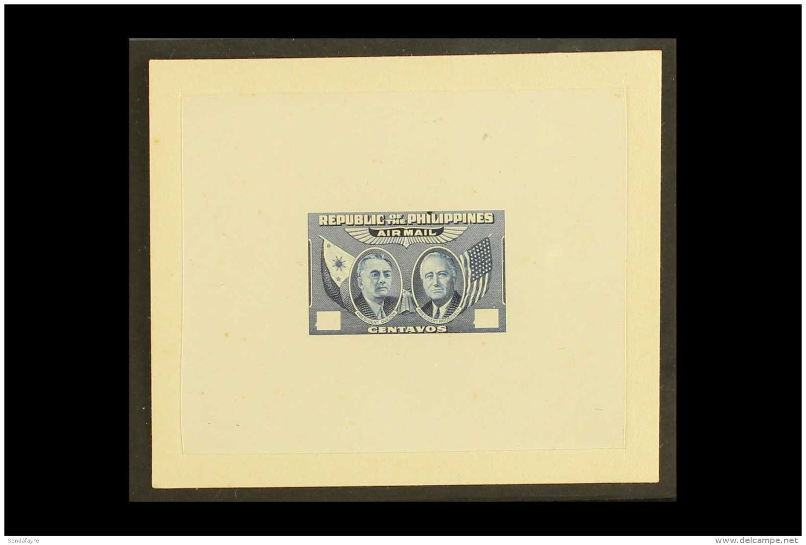 PROOF 1947 Presidents Quezon &amp; Roosevelt, Airmail Issue, As Scott C64/6, Master Die Proof With Blank Value... - Filippine