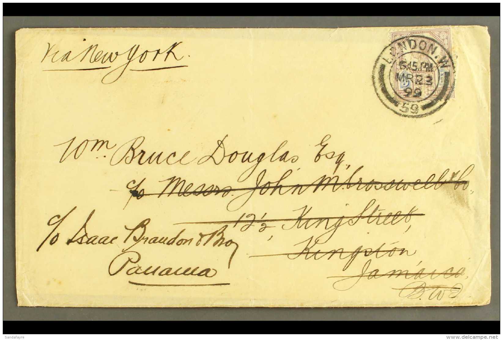 1899 (23 Mar) Env From London To Jamaica, BWI, Bearing 1897 5d Jubilee Stamp (perfined) Redirected On Arrival To... - Panama