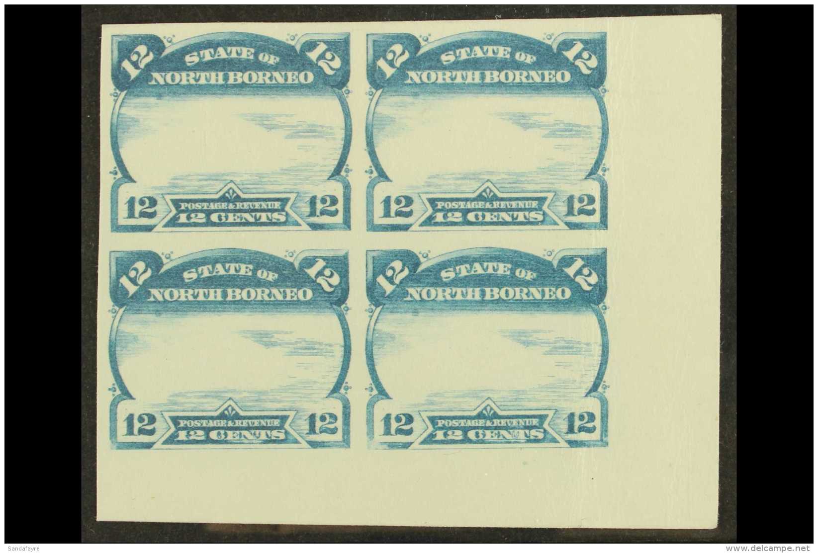 1894 Plate PROOF Of 12c (frame Only), As SG 76, As A Corner Imperf Block Of 4 In Blue With Vertical Crease. Unused... - Borneo Del Nord (...-1963)