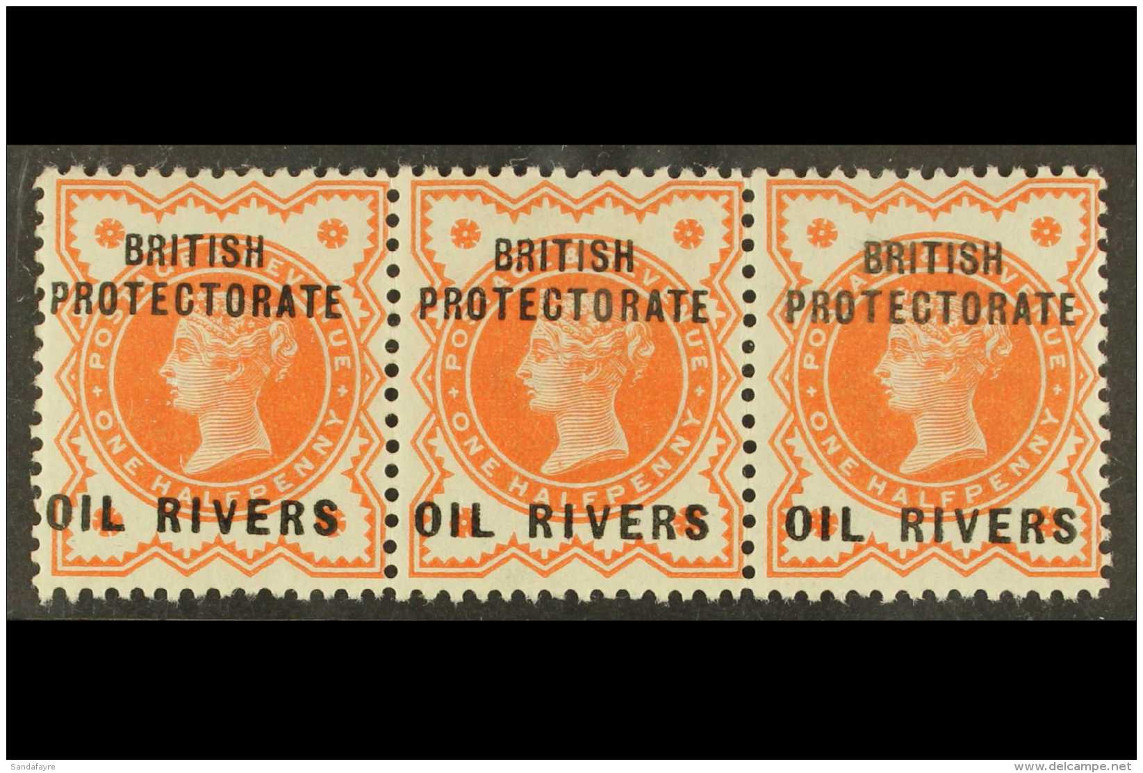 OIL RIVERS 1892. &frac12;d Vermillion - Horizontal Strip Of Three, SG 1, Both Outer Stamps Are Nhm (1 Strip Of... - Altri & Non Classificati