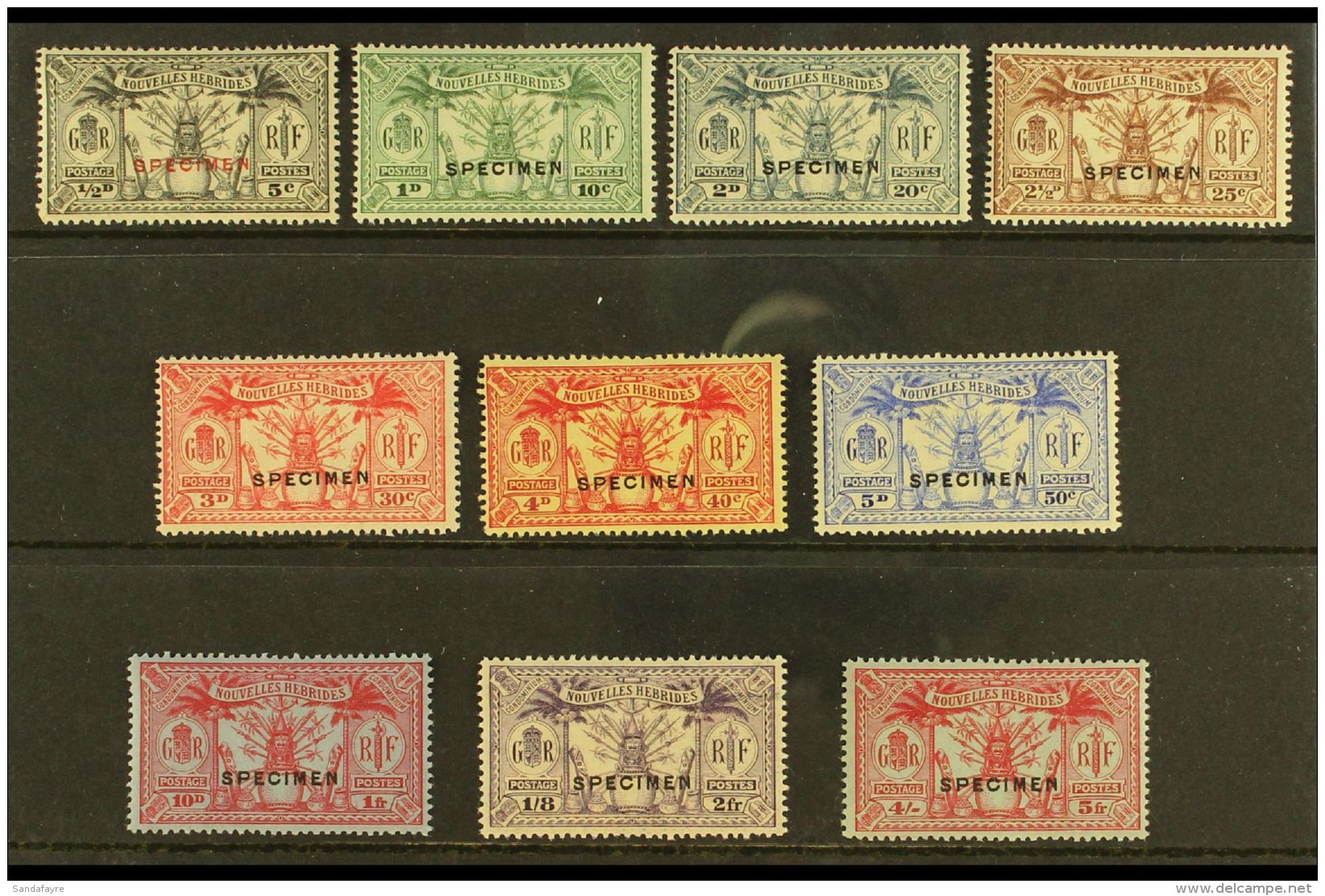 1925 French Currency Weapons And Idols Set (no 75c) Overprinted "Specimen", SG F42s/52s (less F49s), Very Fine... - Altri & Non Classificati