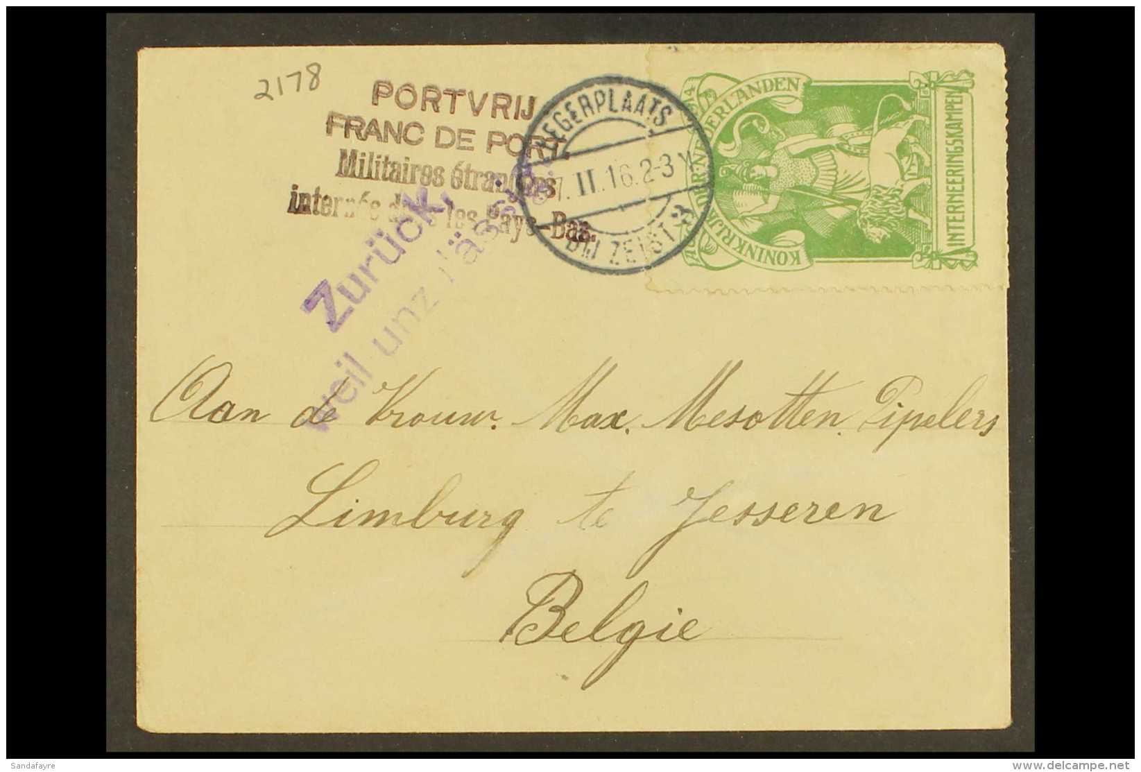 BELGIAN WAR INTERNEE CAMP STAMP ON COVER. 1916 (7 Feb) Cover Addressed To Belgium Bearing War Internee Camp 1916... - Altri & Non Classificati