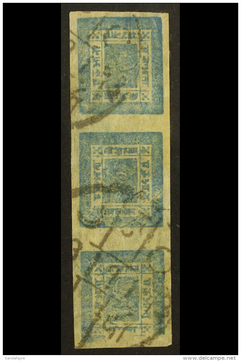 1900 1a Dull Blue Imperf From Setting 23, Vertical STRIP OF THREE With INVERTED CLICHE At Top, H&amp;V 14 + 14a... - Nepal
