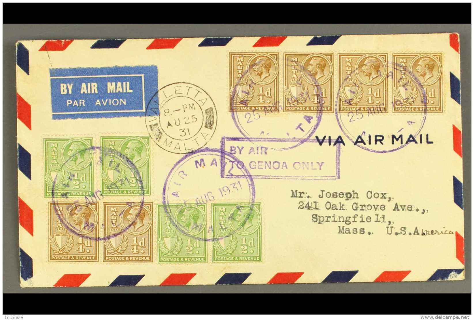 1931 Envelope To Massachusetts Bearing &frac14;d (pair &amp; Strip Of 4) And &frac12;d (pair &amp; Two Singles)... - Malta (...-1964)