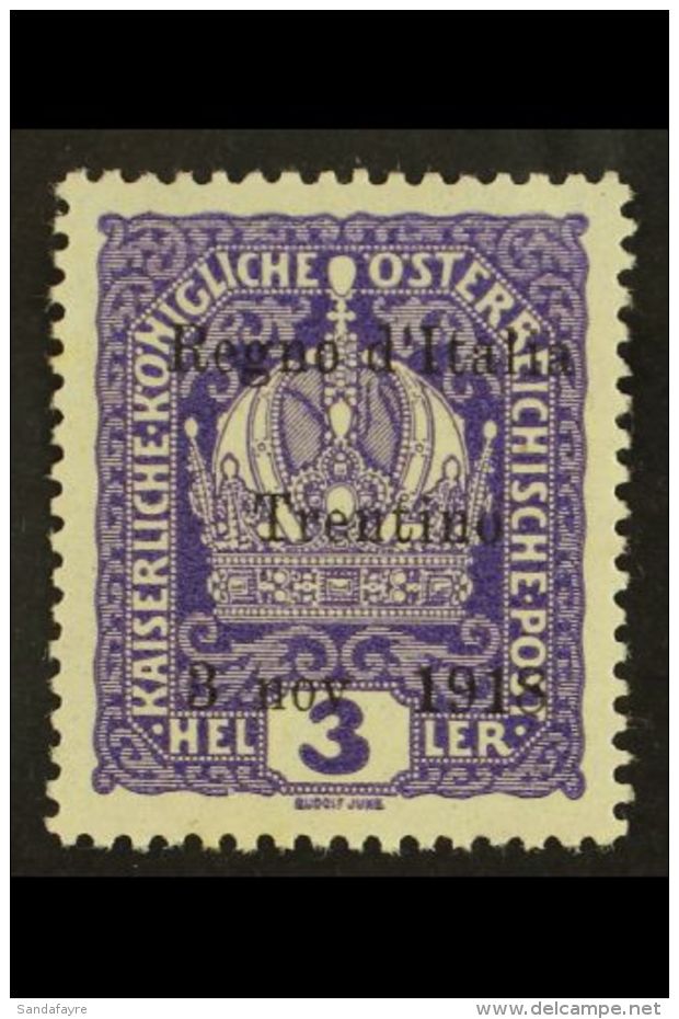 TRENTINO 1918 3h Purple "Regno D'Italia Trentino" Overprint With NO STOP AFTER "NOV" Variety (position 3), Sassone... - Non Classificati