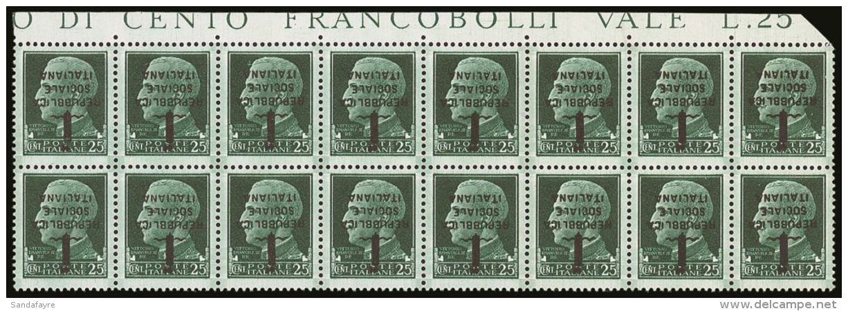 R.S.I. 1944 25c Green Florence Overprint, Variety "overprint Inverted", Sass 491a, Superb Top Margin Block Of 16.... - Non Classificati