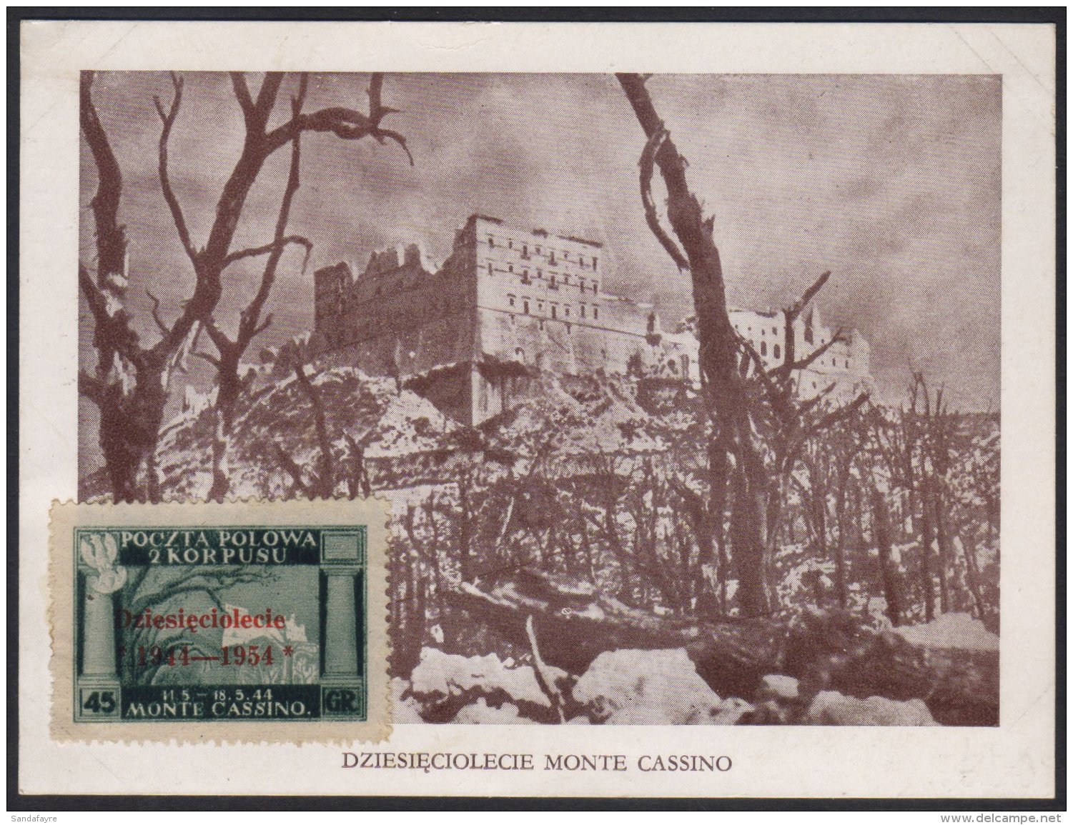 POLISH CORPS IN ITALY 1954 10th Anniversary Of Monte Cassino, 45gr Dark Green , Variety "ovptd In Vermilion", Sass... - Non Classificati