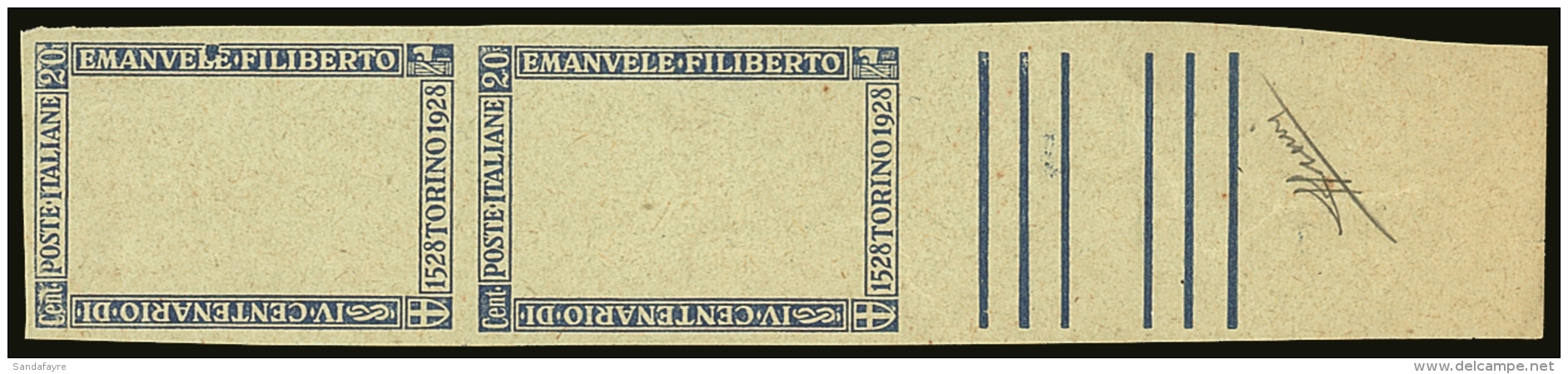 1928 20c Ultramarine And Brown, Filiberto, Outer Frame Proof In Ultramarine, Sas 226var, Marginal Vertical Pair On... - Non Classificati