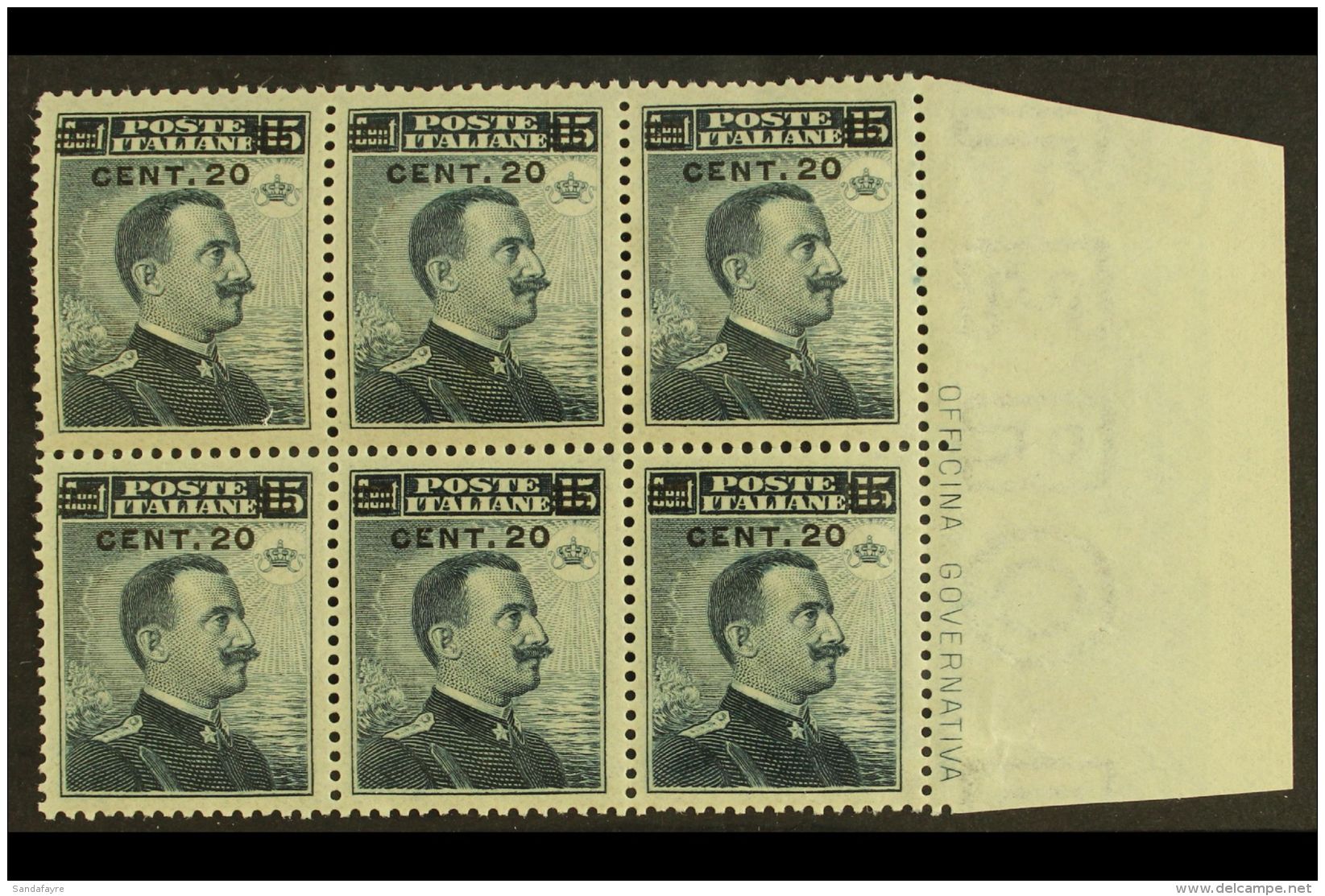 1916 20c On 15c Slate Surcharge (SG 100, Sassone 106), Never Hinged Mint Marginal BLOCK Of 6 With 'Officina... - Non Classificati