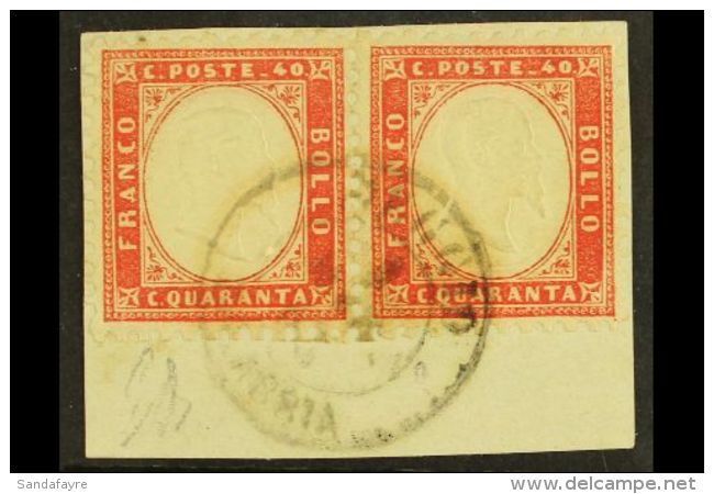 1862 40c Rose-red, Sass. 3, Very Fine Used Pair Tied To Piece By Complete Reggio Calabria, Cds Pmk. Pretty, Signed... - Non Classificati