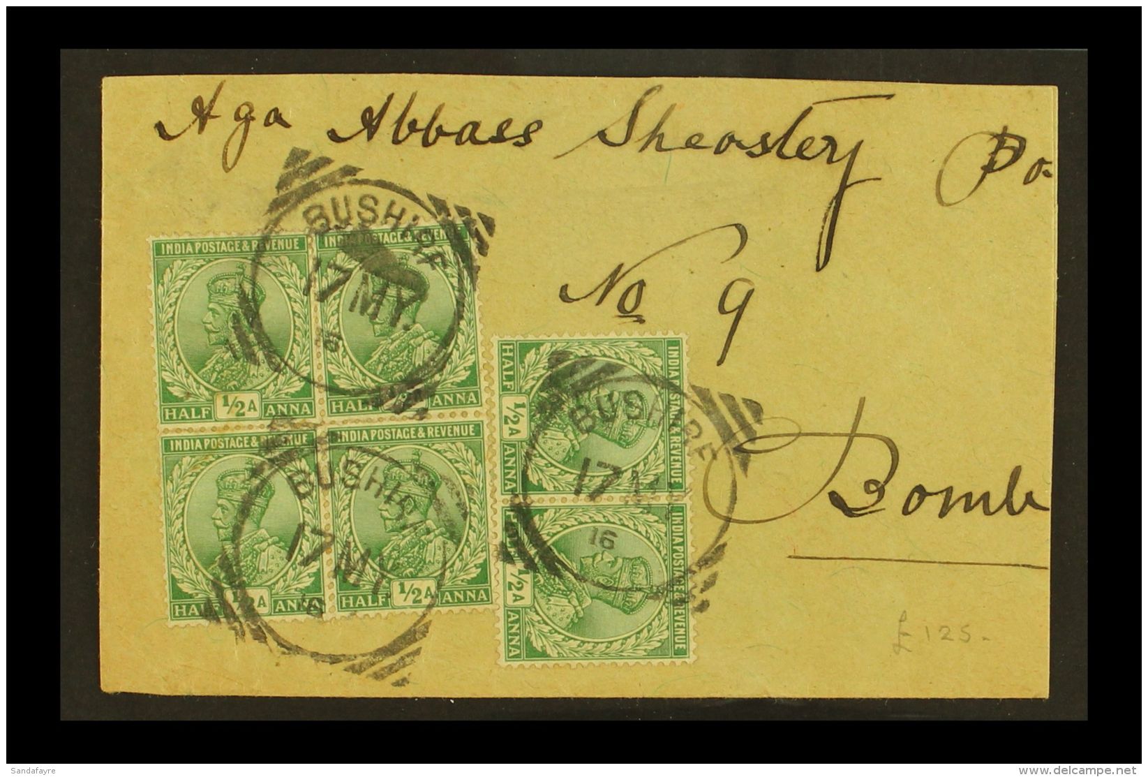 USED ABROAD - BUSHIRE. 1916 (17 May) Large Part Cover With Block 4 + Pair Of Indian &frac12;a Green Stamps Tied By... - Altri & Non Classificati