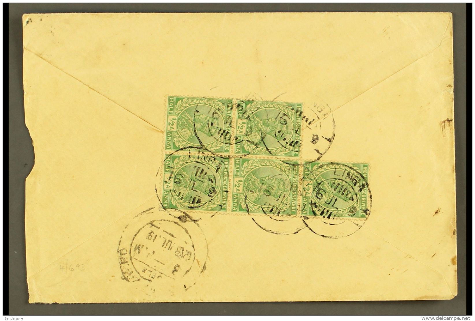 USED ABROAD - LINGA. 1919 (6 Jul) Env To Bombay Bearing On Reverse 5x India &frac12;a Greens Tied LINGA Double-... - Altri & Non Classificati