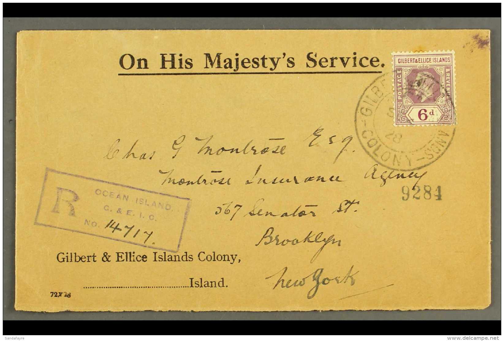OCEAN ISLAND 1928 Official Registered Cover To New York, USA, Bearing KGV 6d, Cancelled With "G.P.O. Ocean Isld."... - Isole Gilbert Ed Ellice (...-1979)