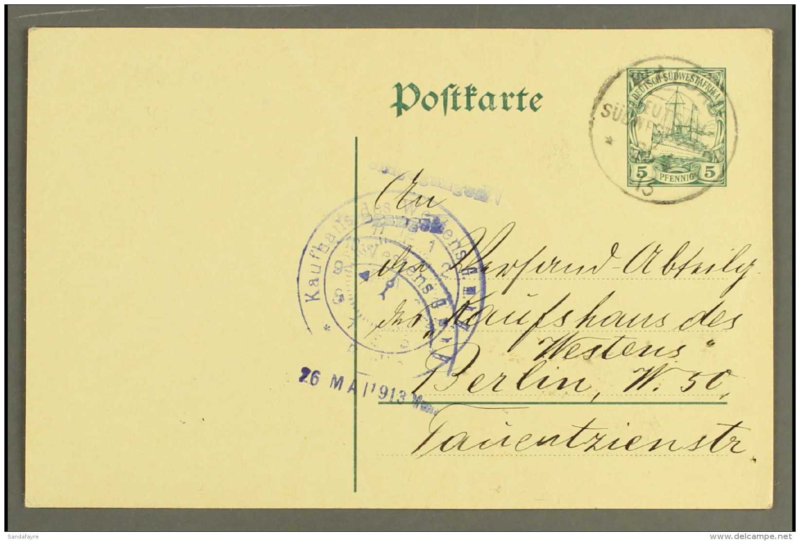 SOUTH WEST AFRICA 1913 (25 Apr) 5pf Postal Stationery Card To Germany With Fine "WALDAU" Cds Cancel, Berlin "clock... - Altri & Non Classificati